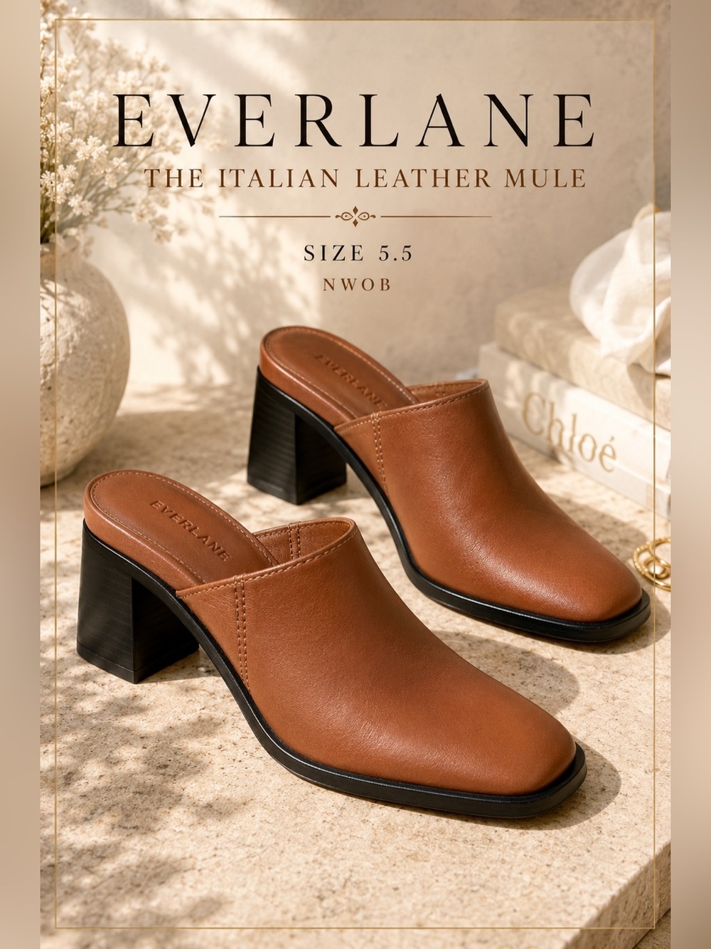 Everlane The Italian Leather Mule Cognac Brown Block Heel Size 5.5